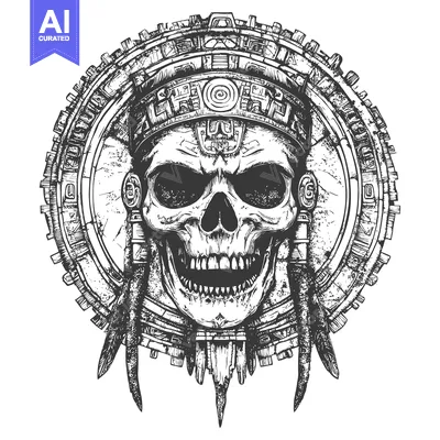 Aset premium populer: Aztec Skull with Feathers and Geometric Ornamentation