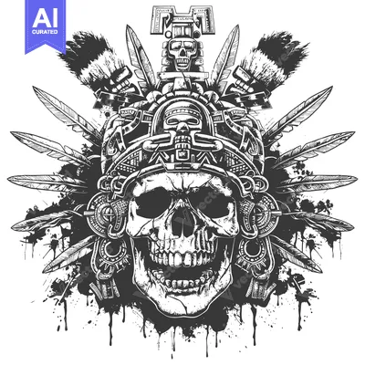 Aset desain premium: Aztec Skull With Feathers and Ornamental Design