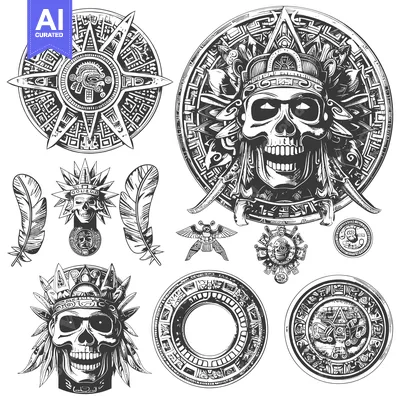 Aset premium populer: Aztec Skull with Ornate Decorations and Feathers