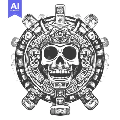 Aset desain premium: Aztec Skull with Ornate Design in a Circle