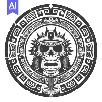 Aset desain premium: Aztec Skull with Ornate Headwear and Circular Pattern