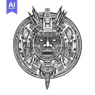 Aset premium populer: Aztec-style circular design featuring a stylized human face with an op