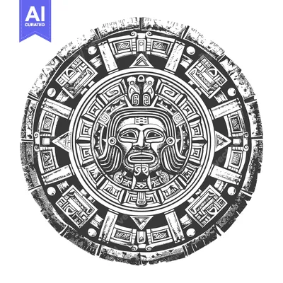 Aset desain premium: Aztec-Style Circular Design with a Human Face and Intricate Geometric