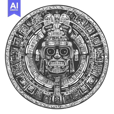 Aset premium populer: Aztec-Style Circular Design with Intricate Motifs and a Central Face