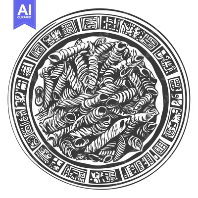 Aset desain premium: Aztec-Style Illustration of Pasta in a Plate with Geometric Border