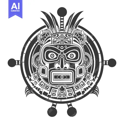 Aset desain premium: Aztec-Style Mask with Geometric Patterns and Feathers