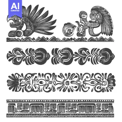 Aset desain premium: Aztec Style Ornamental Designs with Birds and Geometric Patterns
