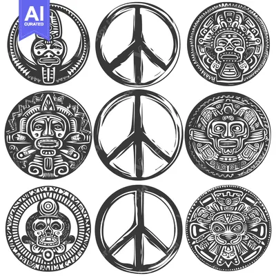 Aset desain premium: Aztec-Style Peace Signs with Tribal Masks