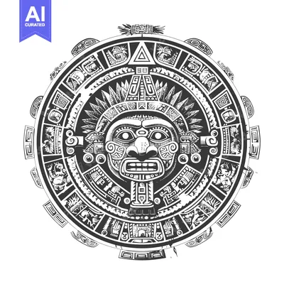 Aset desain premium: Aztec Sun God Design with Intricate Details and Symbolic Figures