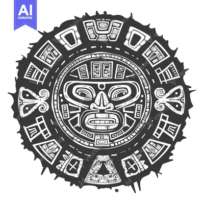 Aset desain premium: Aztec Sun God Mask with Geometric Patterns