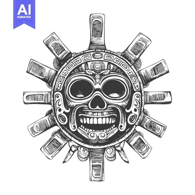 Aset desain premium: Aztec Sun God Mask with Intricate Details and a Grinning Skull