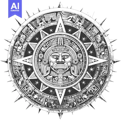 Aset desain premium: Aztec Sun God with Intricate Glyphs and Stars