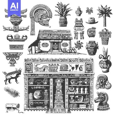 Aset desain premium: Aztec Temple with Relief Sculptures and Artifacts