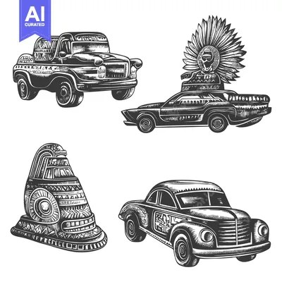 Popular premium asset: Aztec-Themed Cars and Masks in Black and White Illustration