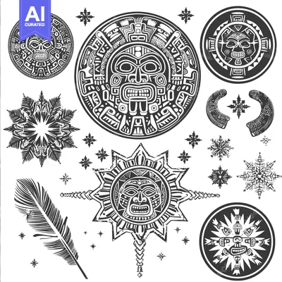 Premium design asset: Aztec Tribal Designs Featuring Masks, Stars, and Feathers