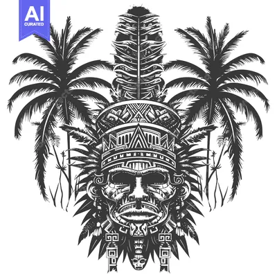 Premium design asset: Aztec Tribal Mask with Palm Tree Fronds