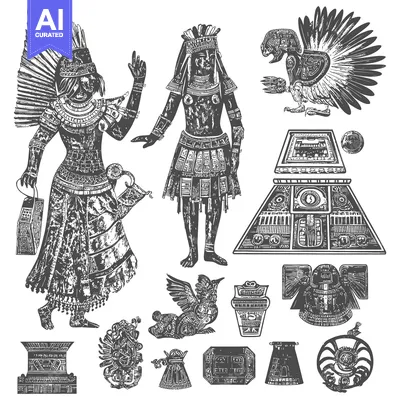 Aset desain premium: Aztec Warrior and God Figures in Engraved Style