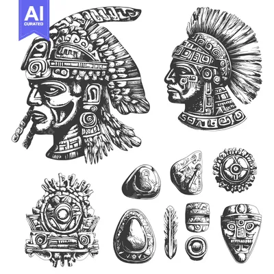 Premium design asset: Aztec Warrior and Symbols in Black and White Sketch Style
