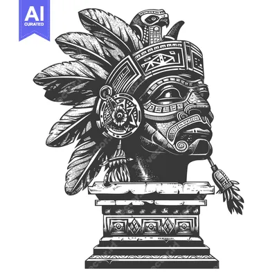 Aset desain premium: Aztec Warrior Bust with Eagle and Feathers