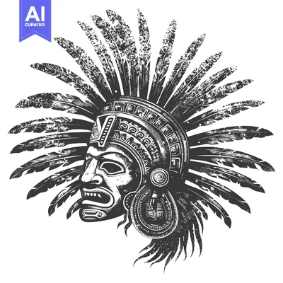 Premium design asset: Aztec Warrior Head with Feather Headdress and Grunge Texture