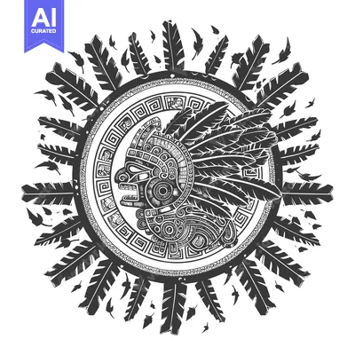 Premium design asset: Aztec Warrior Head with Feathers and Geometric Patterns