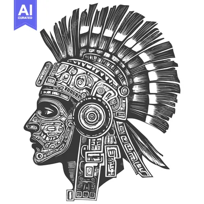 Aset desain premium: Aztec Warrior Head with Intricate Head Dress and Face Design