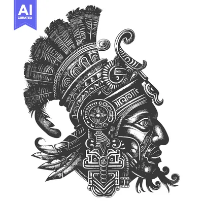 Premium design asset: Aztec Warrior Head with Intricate Headwear and Facial Features
