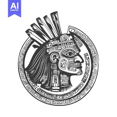 Aset desain premium: Aztec Warrior Head with Ornate Headpiece and Geometric Border
