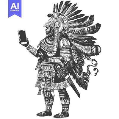 Aset desain premium: Aztec Warrior Holding a Smartphone