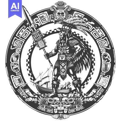 Premium design asset: Aztec Warrior Holding a Spear and Standing in Front of a Ship
