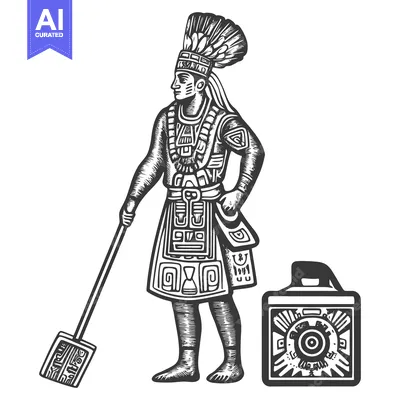 Premium design asset: Aztec Warrior Holding a Staff and a Shield with a Circular Design