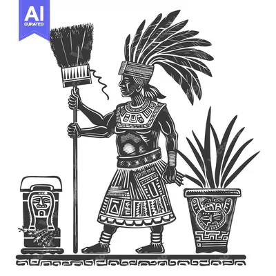 Aset premium populer: Aztec Warrior Holding Broom and Standing in Front of a Potted Plant
