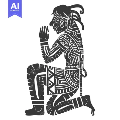Aset desain premium: Aztec Warrior Kneeling in Prayer with Intricate Geometric Patterns