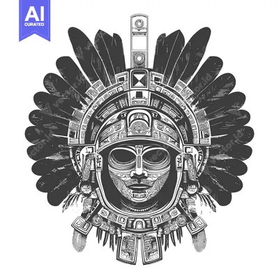 Aset desain premium: Aztec Warrior Mask with Feather Headdress