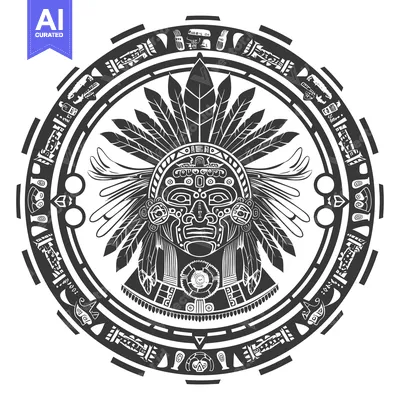 Aset premium populer: Aztec Warrior Mask with Ornate Feather Headdress and Geometric Border