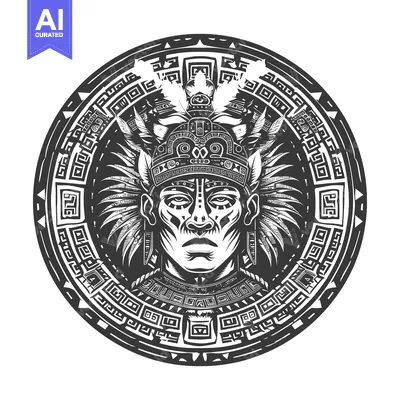 Aset desain premium: Aztec Warrior Portrait with Ornamental Frame
