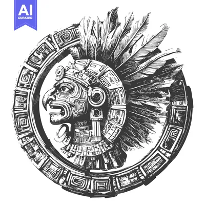 Premium design asset: Aztec Warrior Profile with Feathered Headdress and Geometric Frame
