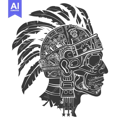 Aset desain premium: Aztec Warrior Profile with Intricate Feather Headress