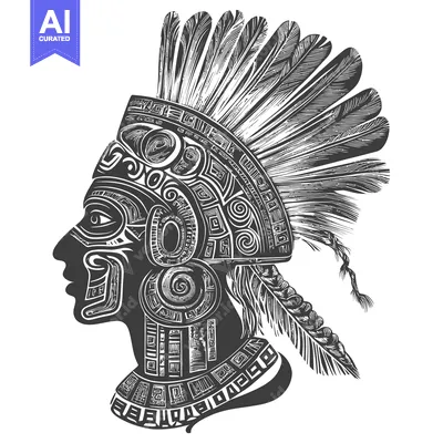 Aset desain premium: Aztec Warrior Profile with Intricate Headdress and Feathers