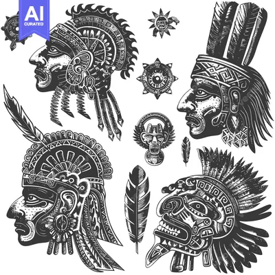 Aset desain premium: Aztec Warriors and Tribal Symbols in Black and White