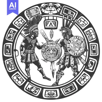 Aset premium populer: Aztec Warriors Confronting a Central Mask Inside a Circular Design