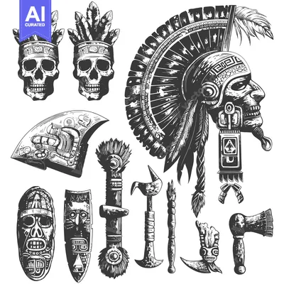 Aset desain premium: Aztec Warrior Skull and Weapons Hand Drawn Illustrations