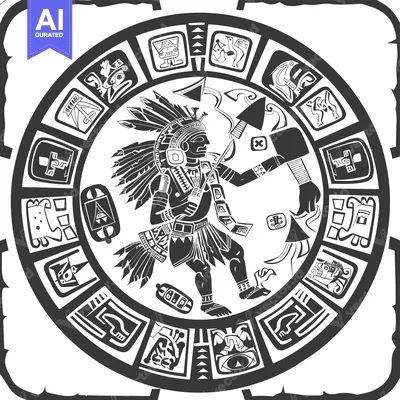 Premium design asset: Aztec Warrior with Circular Design and Glyphs