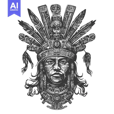 Aset desain premium: Aztec Warrior with Elaborate Headdress and Facial Decoration