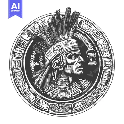 Aset desain premium: Aztec Warrior with Elaborate Headpiece and Ornamentation