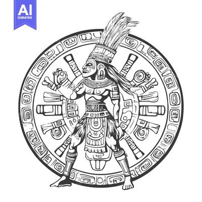Aset desain premium: Aztec Warrior with Feathered Headdress and Circular Ornamental Design