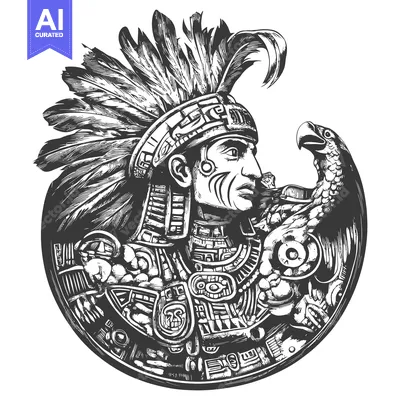 Aset desain premium: Aztec Warrior with Feathered Headdress and Eagle