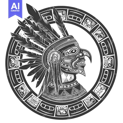 Aset desain premium: Aztec Warrior with Feathered Headdress and Glyphs