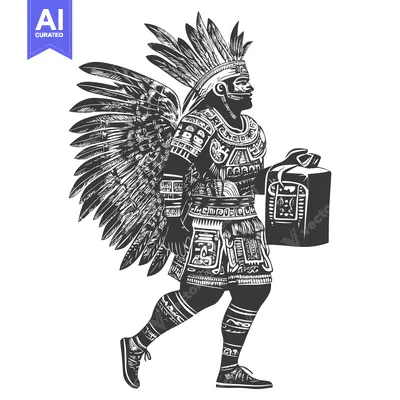 Aset desain premium: Aztec Warrior with Feathered Headdress and Shield