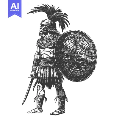 Aset desain premium: Aztec Warrior with Feathered Headdress and Shield
